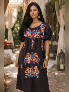 Black Embroidered Mexican Midi Dress with Colorful Floral Motif